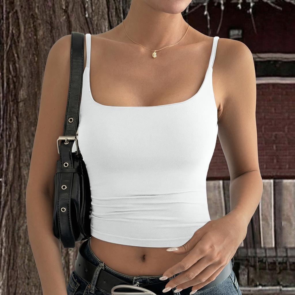 Women's Solid Color Sleeveless Tank Top Slim Fit Square Neck Stretchy Crop Camisole Summer Basic Layering Shirt