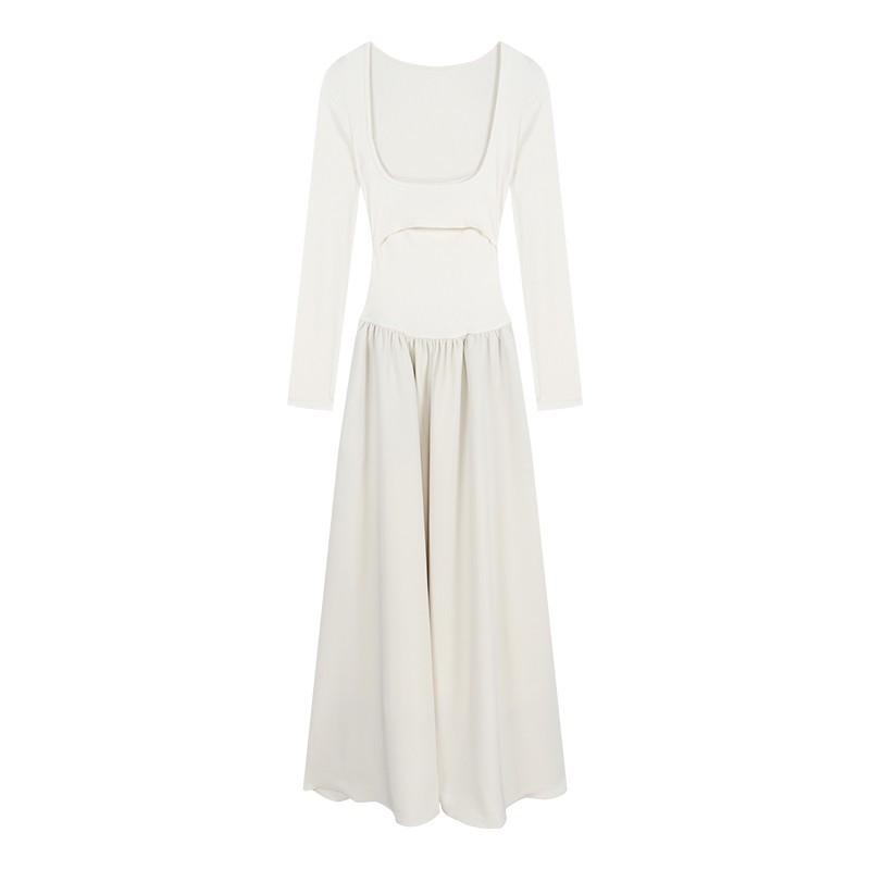 Fake two-piece square-neck long-sleeved dress for women's early spring new beautiful temperament, waist and thin a-word long skirt