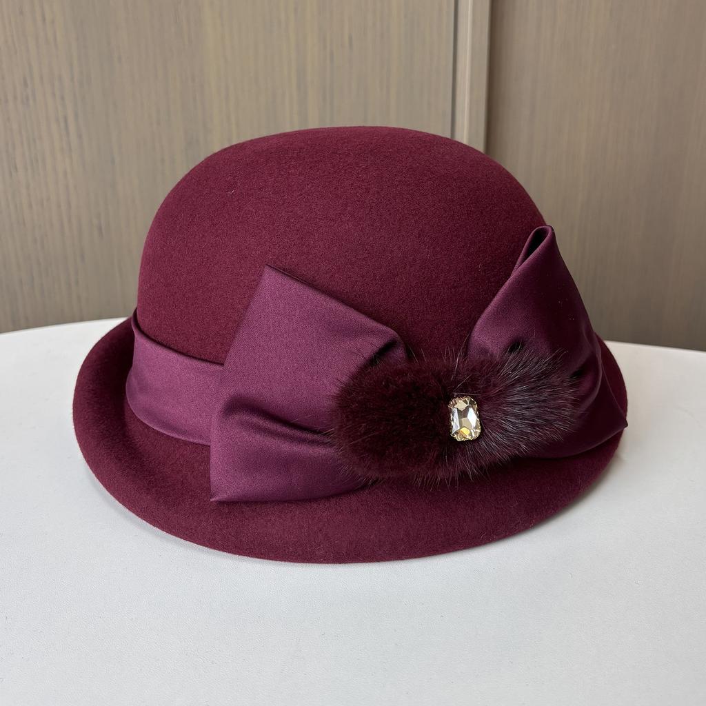 Autumn and winter new hairball satin bow bud hat women's woolen small edge crimping basin hat styling felt hat