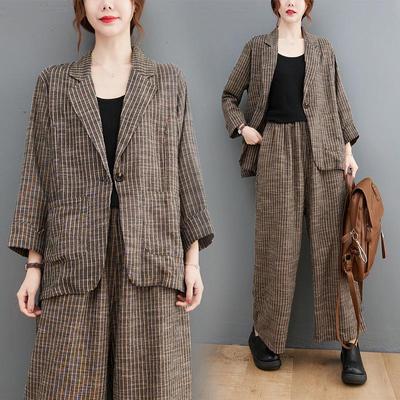 Women's 2024 Autumn Retro Cotton Linen Striped Blazer & Wide Leg Pants Set