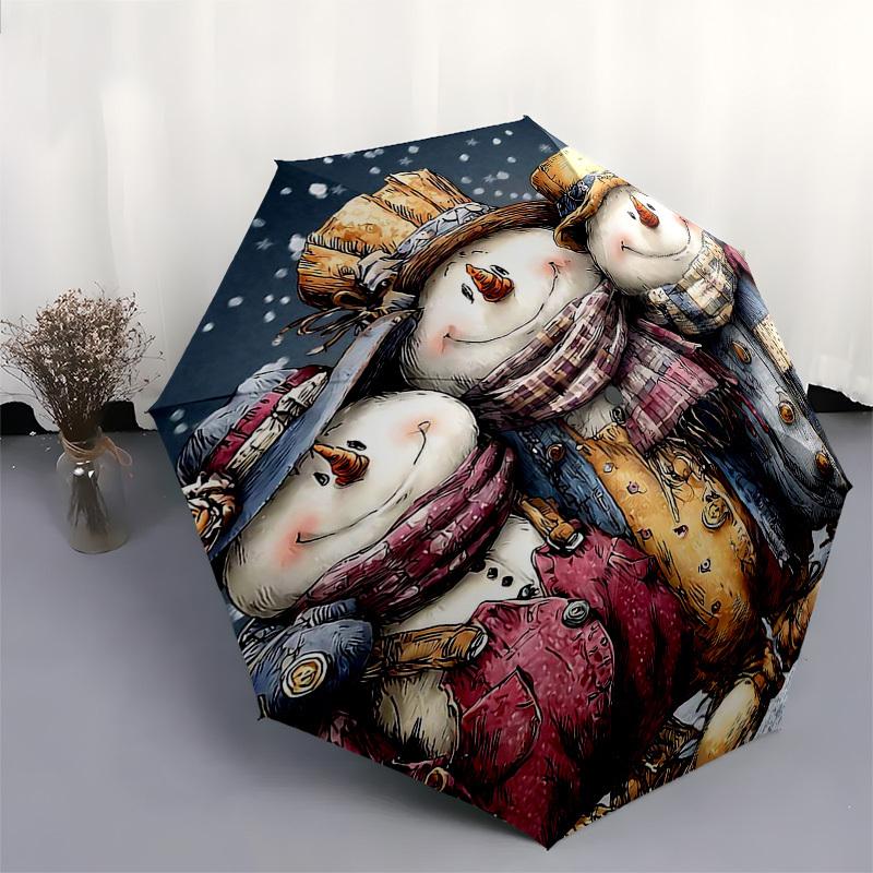 1pc Snowman Family Winter Festival Gift with Plaid Scarf, Auto Open Close Umbrella, Portable Tri-Fold Design, 8-Bone Iron Frame, Outdoor for Fans, Tra