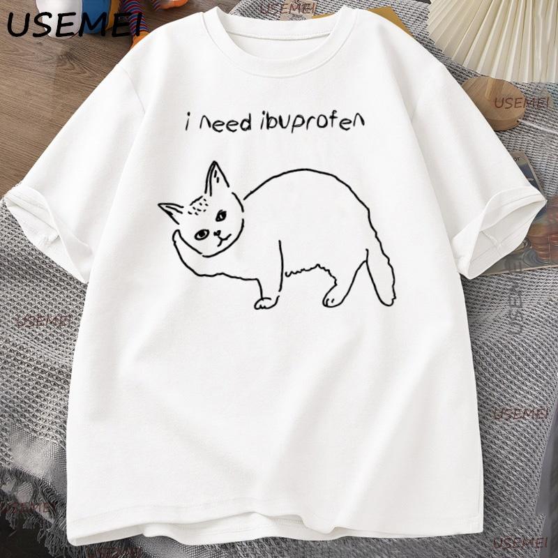 

I Need Ibuprofen Cat T-Shirt Funny Cute Cat Tee Shirt Mental Health T Shirt Men Cat Lover Tshirt Loose Clothing Streetwear XXXL белый