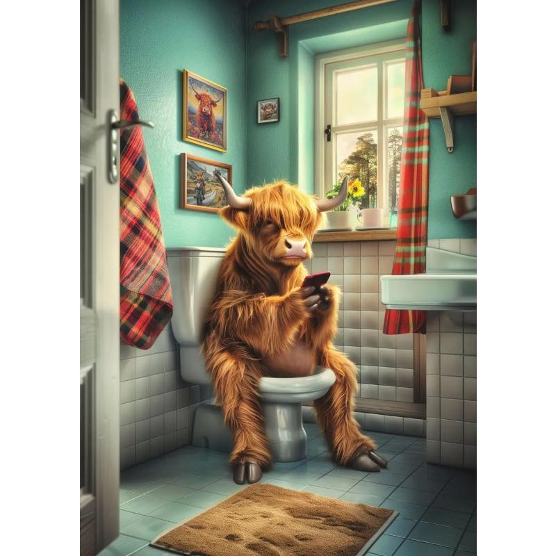 Modern Lion Dog Highland Sitting On Toilet Reading Newspaper Poster Funny Animal Print Canvas Painting Bathroom Decor Picture