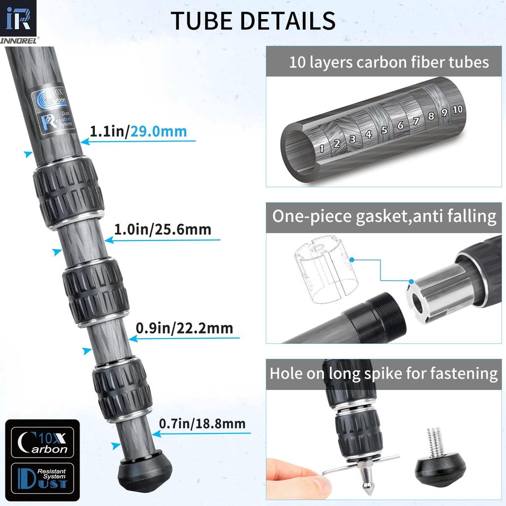 INNOREL Carbon Fiber Camera Telescopic SLR Working Pipe 20kg Maximum Load Panoramic Macro Video Digital Portable Tripod with Center Pole and Bag