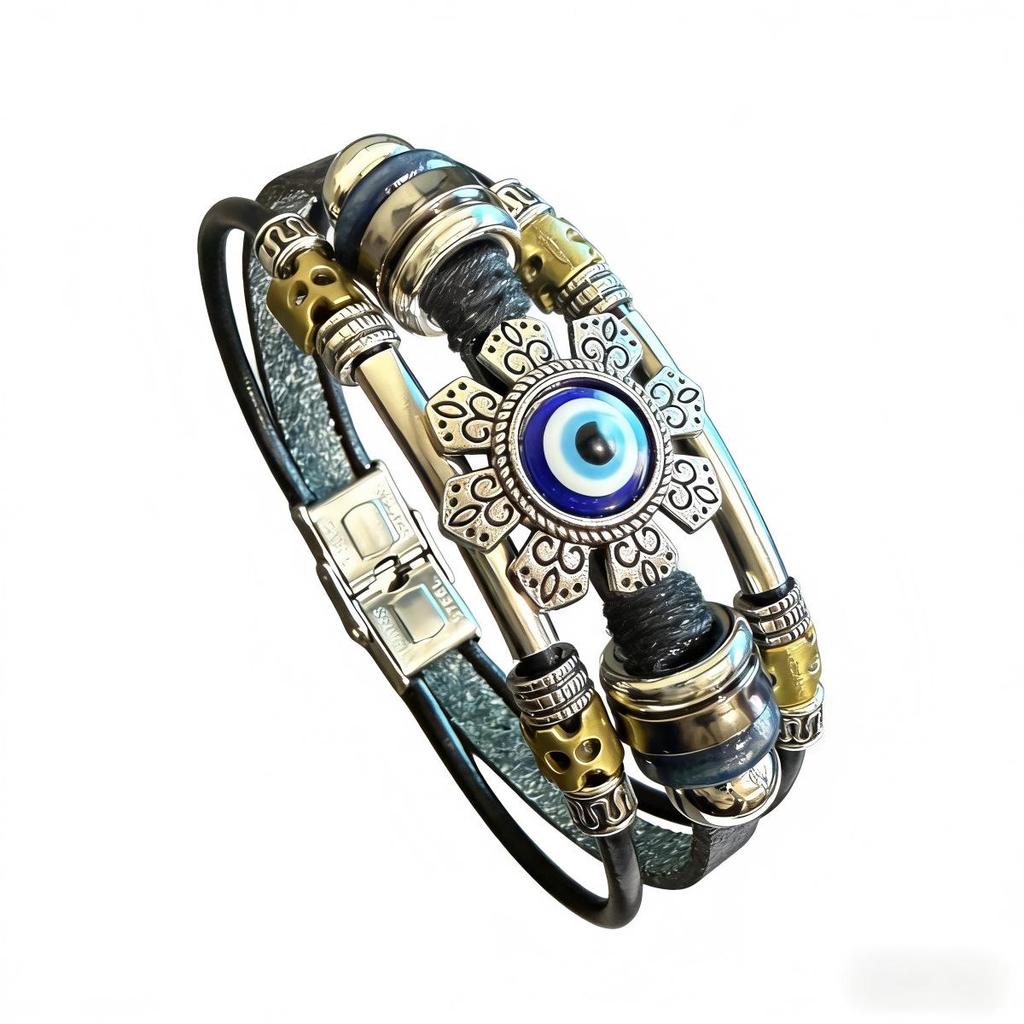 European Retro Blue Evil Eye Beaded Leather Bracelet