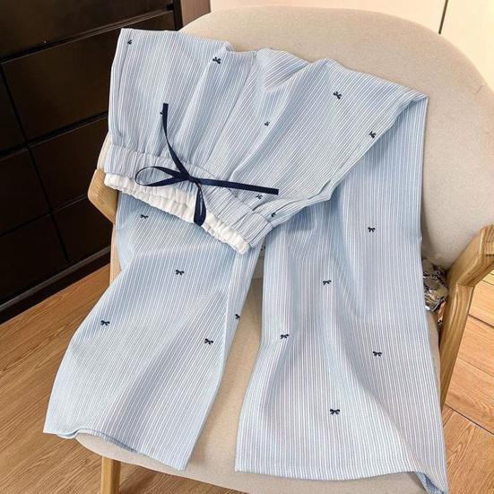 Women Pants Light Blue White Vertical Stripes Loose Straight Cut Long Trousers Bow Print Adjustable Drawstring High Waist Elastic Waistband