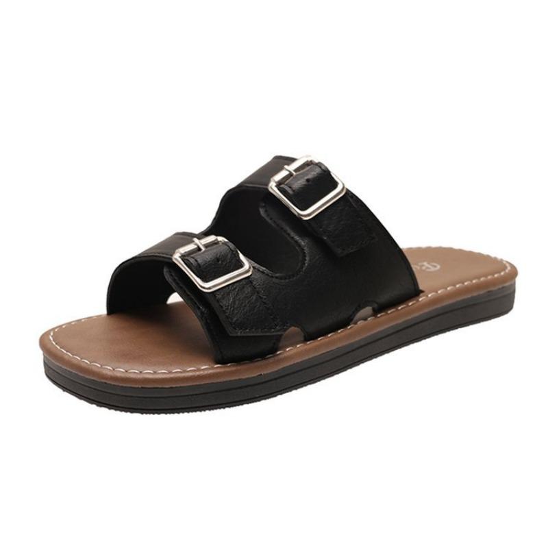 

Retro flat bottom round head beach shoes women s new double buckle belt women s cool slippers 35 чёрный