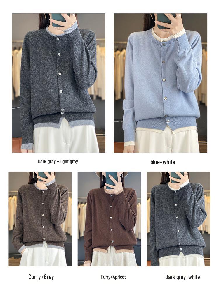 2025 Autumn/Winter Women's Round Neck Pure Wool Cardigan Sweater - Fake Two-Piece Design