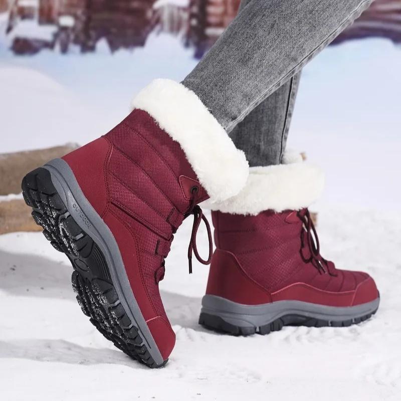 Women Winter Snow Boots Plush Lace Up Mid Calf Boots Thick Sole Warm Cotton Shoes Outdoor Hiking Sneakers Non Slip