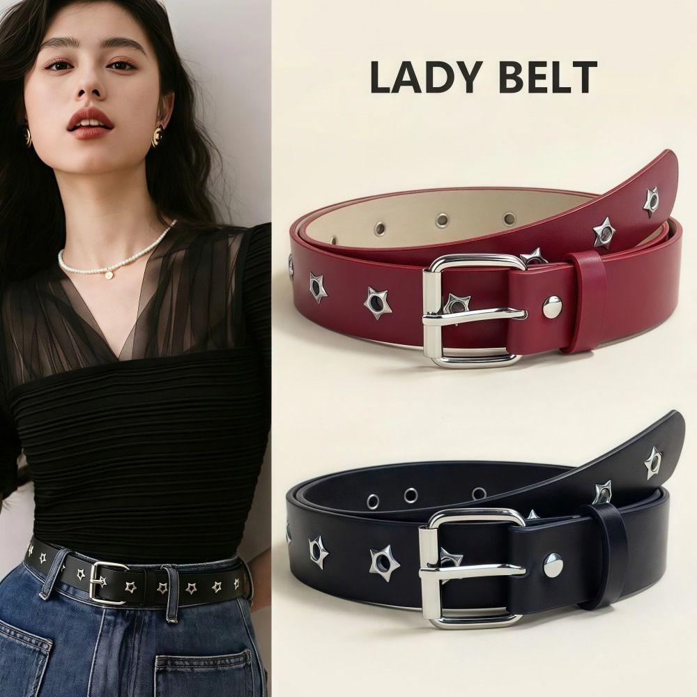 Punk Women's Belt Star Hollow Eyelet Waist Strap Trendy Metal Buckle Waistband Jeans Decor