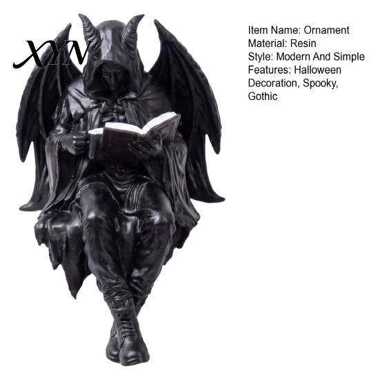 Gothic Bookshelf Accessory Halloween Reading Book Skeleton Figurine, Spooky Devil Resin Sculpture, Decor Black Robe Grim Reaper Statue for Home Office