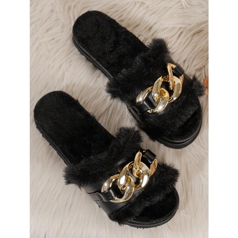 

Новая модная открытая пушистая обувь, хлопковые тапочки с металлической цепочкой, женские домашние теплые тапочки для отдыха 43