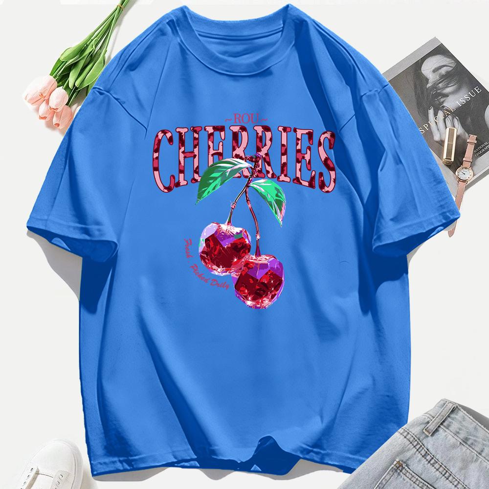 Crystal Cherries Printing Tee Shirt Woman Summer Cotton Tee Tops O-Neck Casual T Shirts Oversized All-Match Short Sleeve