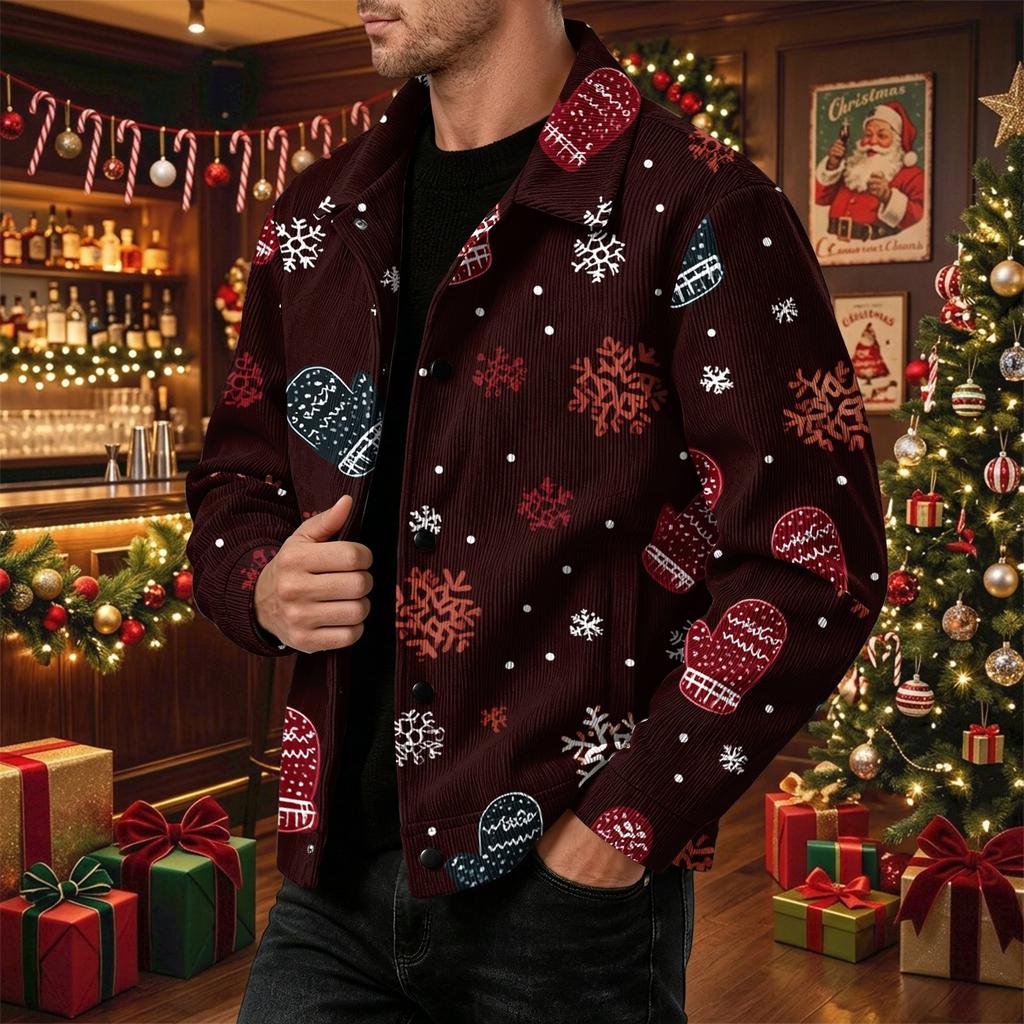 Men's Casual Loose Fit Long Sleeve Jacket with Lapel Collar Christmas Print for Fall