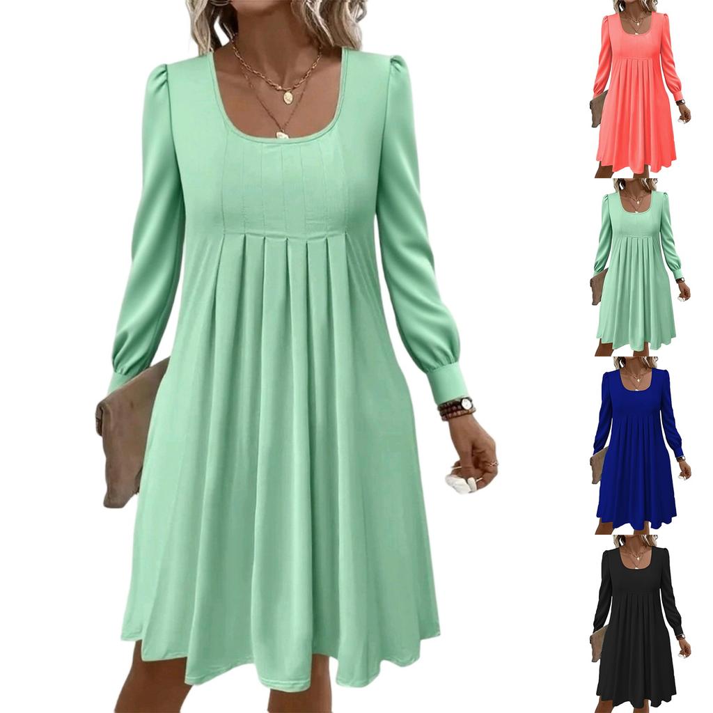 Women's Loose Square Neck Casual Long Sleeve Solid Color Pleated Dress