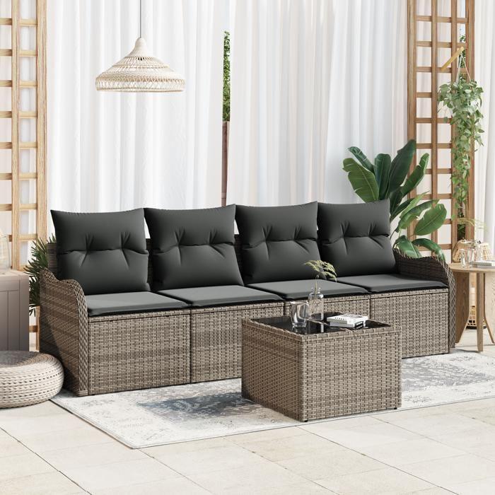 Canapé de Jardin de 5 Pièces avec Coussins Gris en Poly Rattan, Canapé 2 Places avec Rangement et Coussins Gris en Poly 3354238
