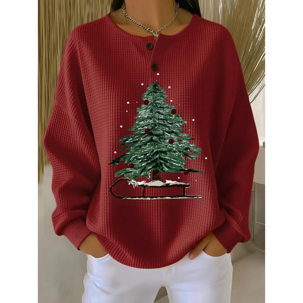 Women's Crew Neck Three‑Button Placket Color‑Block Striped Waffle Knit Loose Long Sleeve Top