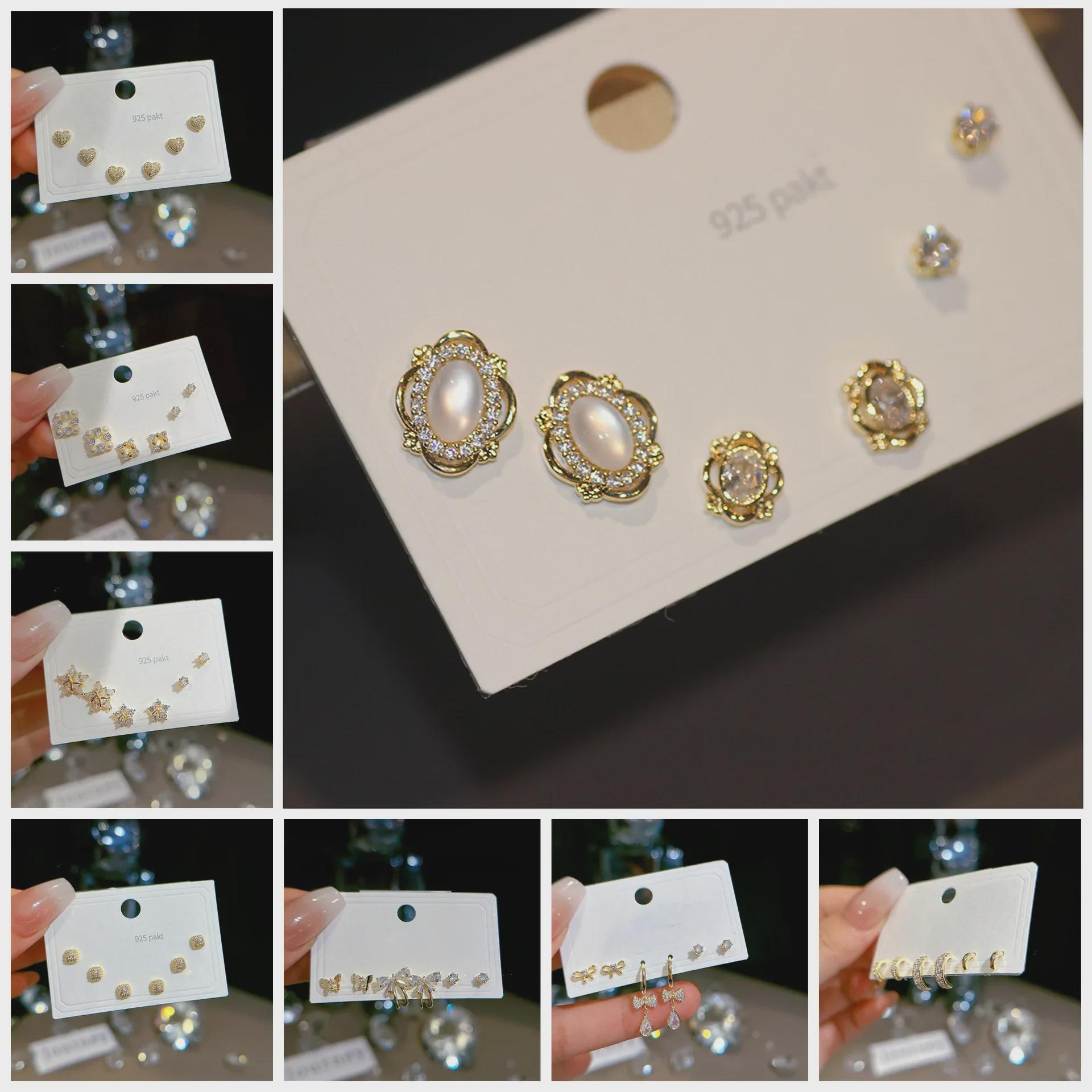 

925 Silver Needle Earrings Set - Gold Bow and Personality Designs, Three Pairs