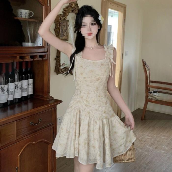 New summer French temperament fashion romantic bow small floral short suspender dress