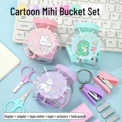 Unicorn & Dinosaur Cartoon Mini Bucket Set: Stapler & Scissors Combo