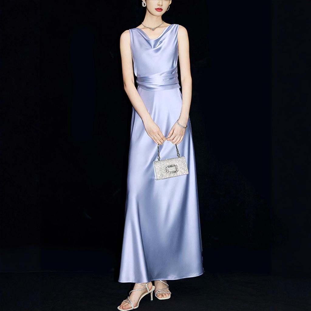 High-End Acetate Glossy Swing Collar Dress: Summer Socialite Style with Pleated Waist-Cinching and Luxe Texture.