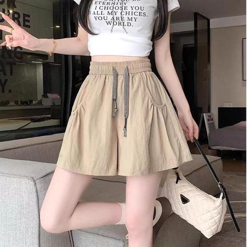 Women's Summer Thin Skirt Yoga Pants Ice Silk Wide Leg Shorts Solid Color Pocket Lace Up Short Pants