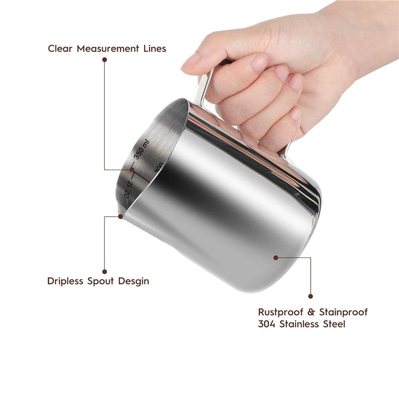 3X Питчер для вспенивания молока 350 мл (12oz)Питчеры для пара из нержавеющей стали для молока, кофе, капучино, латте серебряный