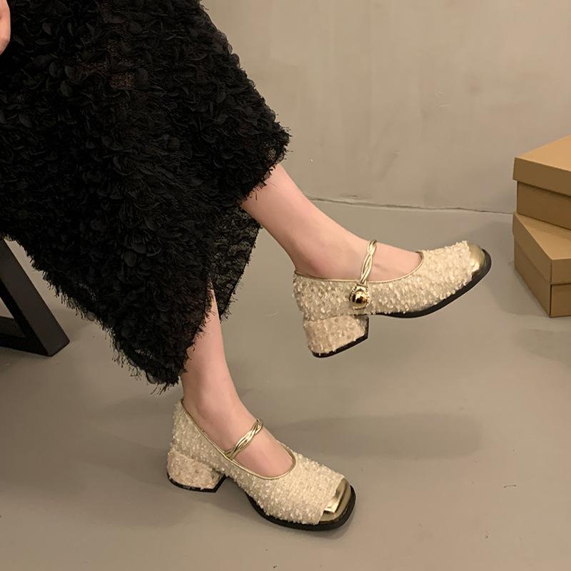 Coarse heeled mid length follow-up shoes for women 2025 new spring fairy style French evening shoes