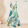 Women Plus Size Two Piece Set Tropical Leaf Printed Short Sleeve Cardigan Strappy V Neck Flared Dress