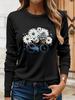 Floral Bicycle Print Women's Casual T-Shirts Graphic Tees Round Neck Tops Spring and Autumn T-Shirt Daily Wear Female Clothing