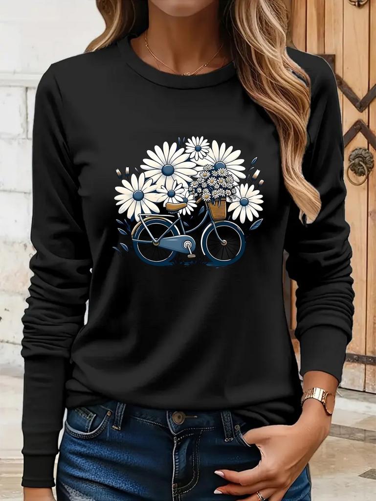 Floral Bicycle Print Women's Casual T-Shirts Graphic Tees Round Neck Tops Spring and Autumn T-Shirt Daily Wear Female Clothing