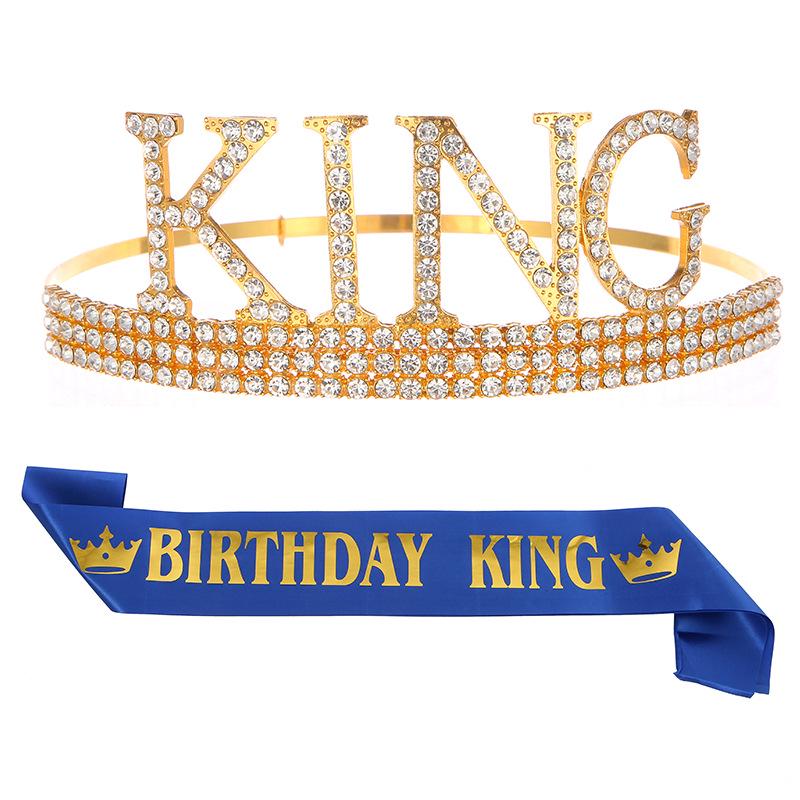 Men's Birthday King Crown and Sash Set - Party Hat Headdress for Cake Celebration
