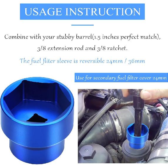 Oil Filter Socket 24mm / 36mm Reversible Fuel Filter Cap Remover and taller Assistant Compatible with 6.0L / 6.4L Ford Powerstroke Diesel