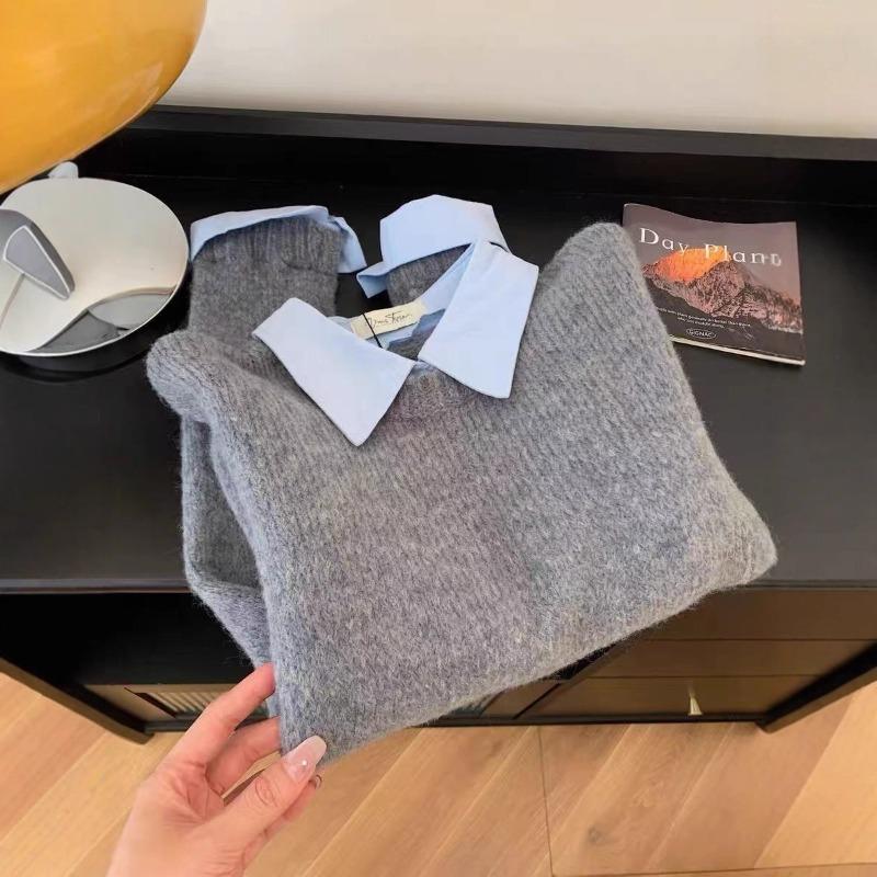 Gray fake two-piece loose pullover sweater college lazy wind raccoon velvet soft waxy sweater women's autumn and winter thickened top