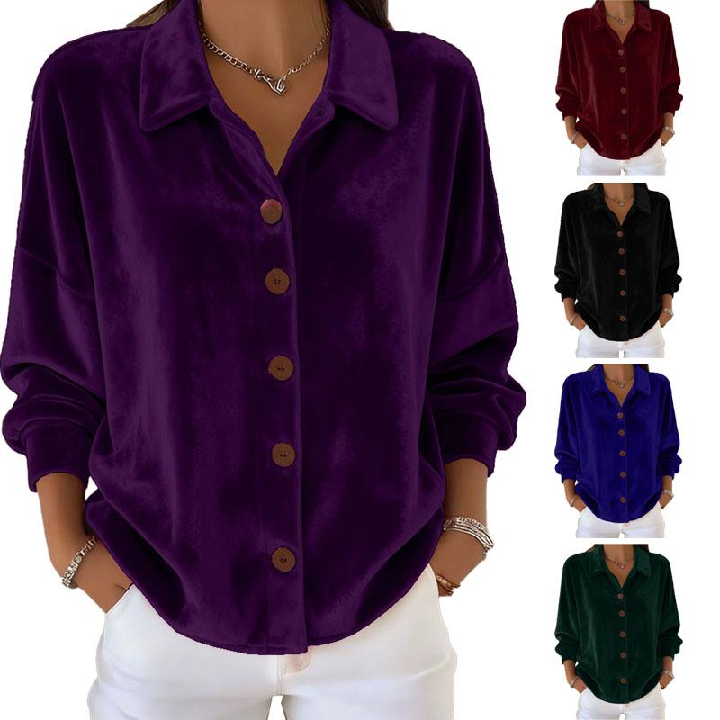 Women's Velvet Shirt - Casual Long Sleeve Collared Cardigan, Retro Velvet Blouse