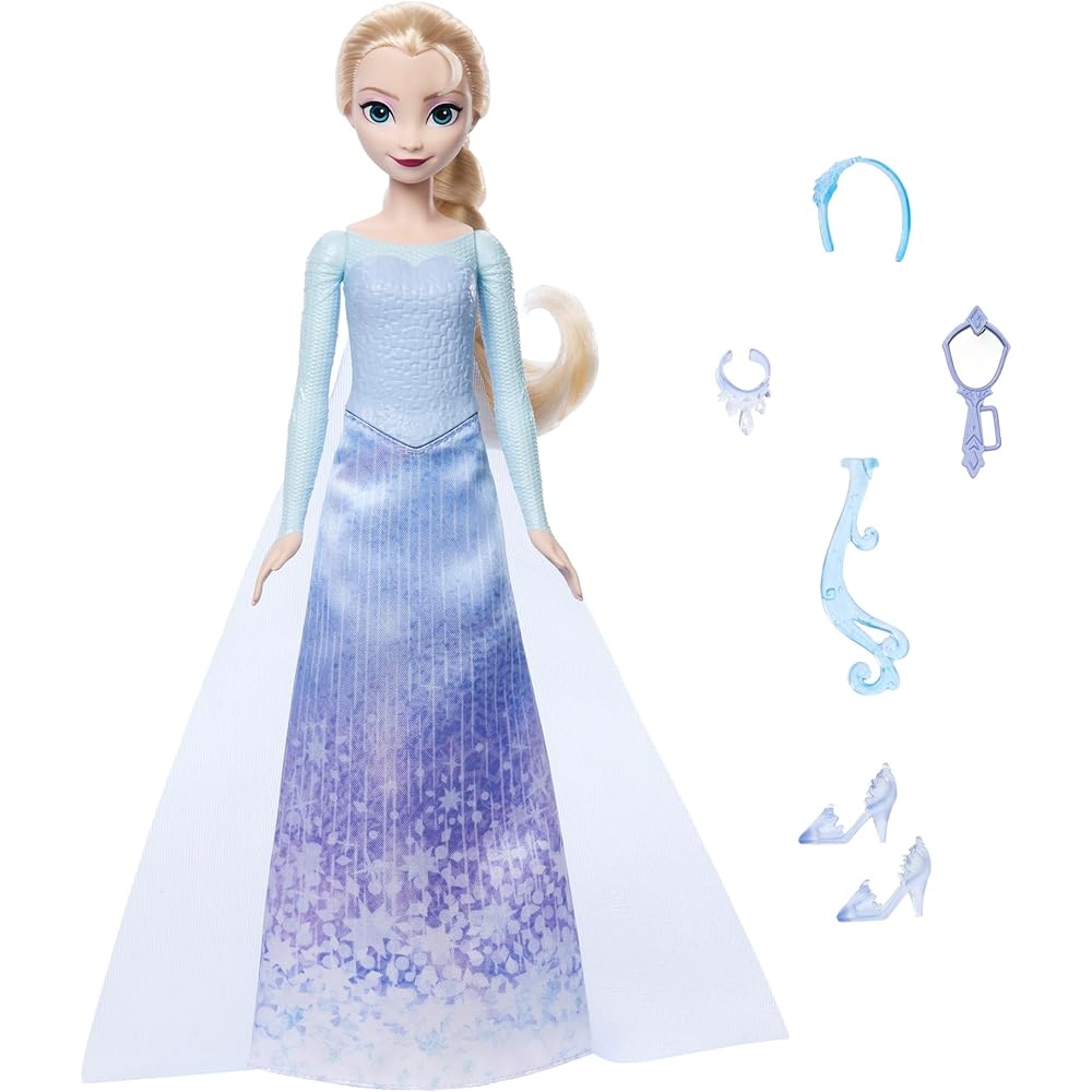 Mattel Disney Frozen Elsa Dress-Up Doll Playset with Accessories for Kids Age 3 and Up Blue