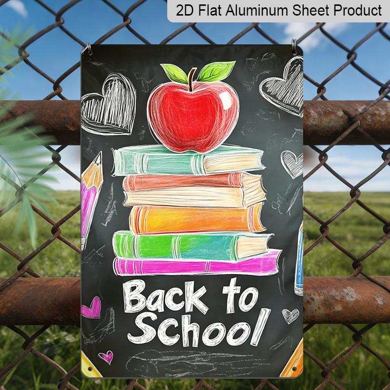 2D Flach, 1 Stück Tafelstil „Back To School“ Metallwandkunst Schild mit Apfel & Bücherstapel - 8*12 Zoll Aluminium Rustikale Klassenzimmerdekoration, Niedliche Hand