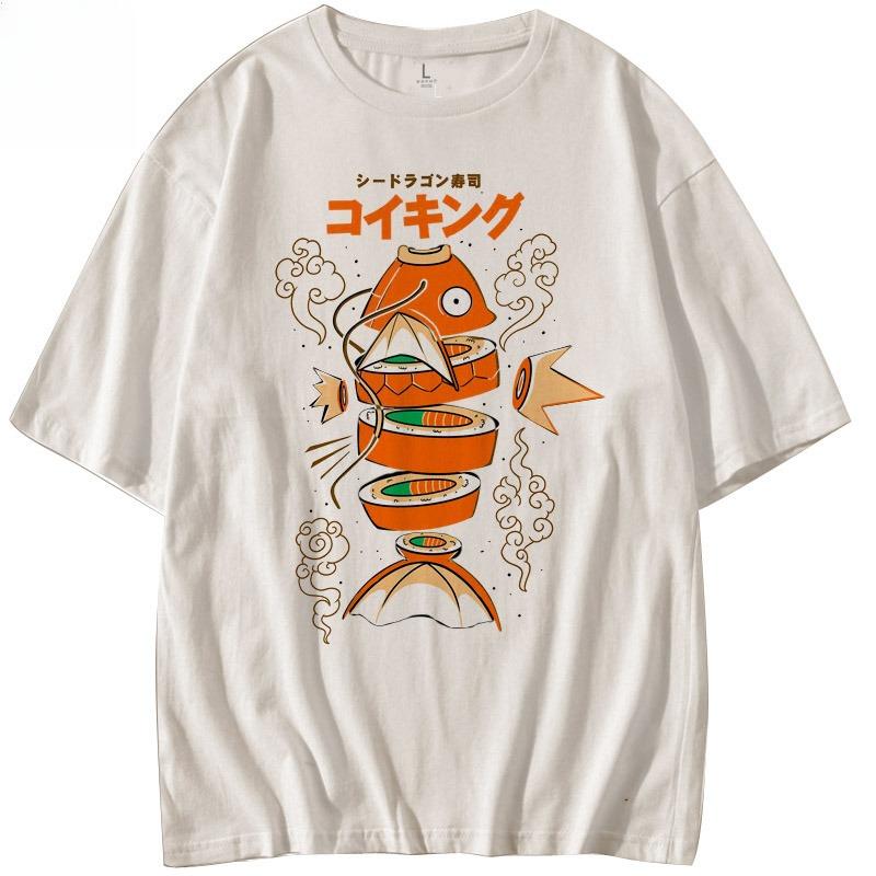 Japanese Style Pokemon King Carp Magikarp Sushi Sashimi Short Sleeved Pure Cotton T-shirt Loose Men's and Women's Summer Tops