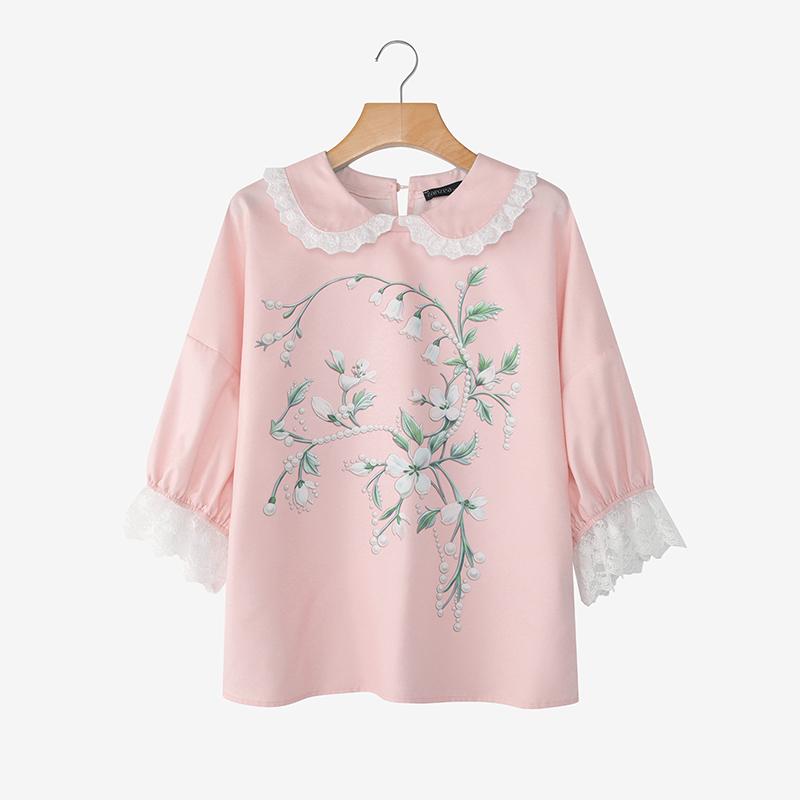 ZANZEA Women Casual Doll Collar Loose Lace Splice 3/4 Sleeve Floral Print Blouse S