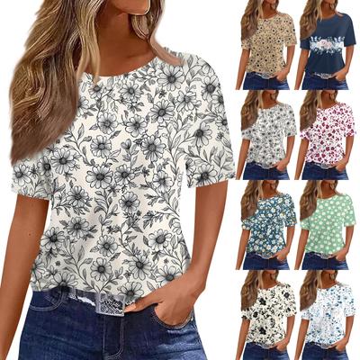Women's Fashionable Casual Short Sleeve Print Round Neck Pullover Top