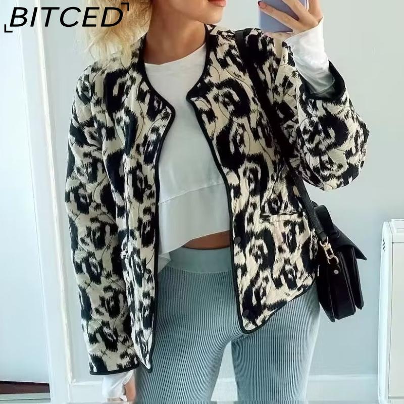 BITCED Women's Autumn/Winter Plus Size Fashion Print Quilted Cotton Jacket