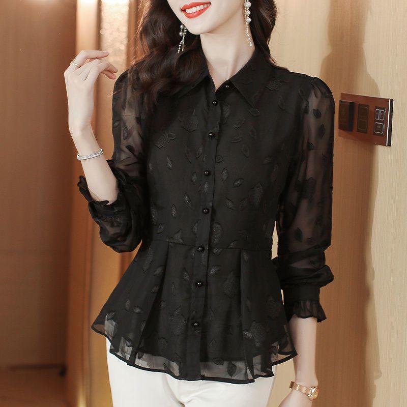 

Модная рубашка из шифона с длинными рукавами из жаккарда с женской талией, присборенная, маленькая рубашка с подолом юбки, топ 3XL чёрный