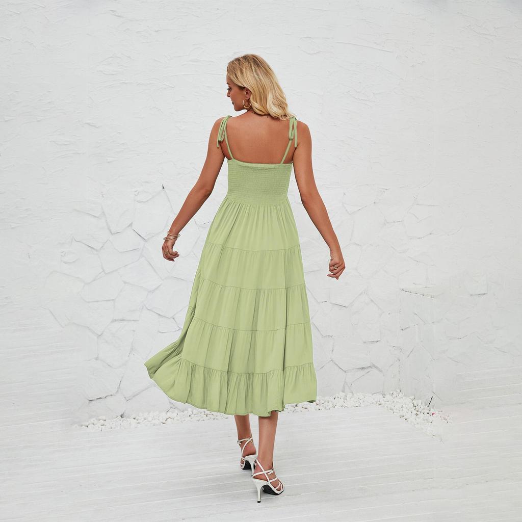 Summer Women's Sleeveless Halter Solid Square Neck Pleated Knee-Length Dress