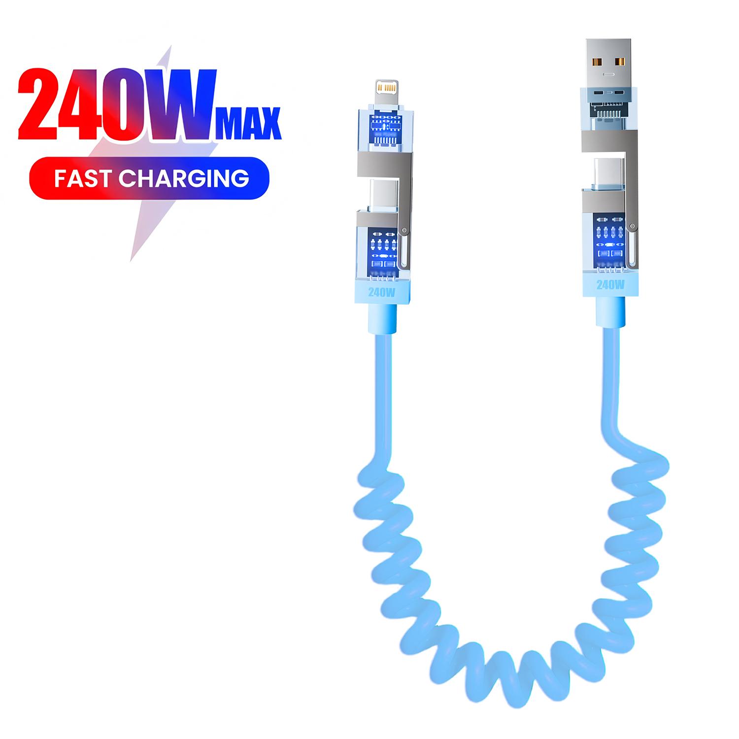 

240 В 4 в 1 USB Type C Кабель для передачи данных Автомобильный USB Пружинный PD Кабель быстрой зарядки для iPhone 15 Samsung Xiaomi 14 Huawei Honor Data Wires синий