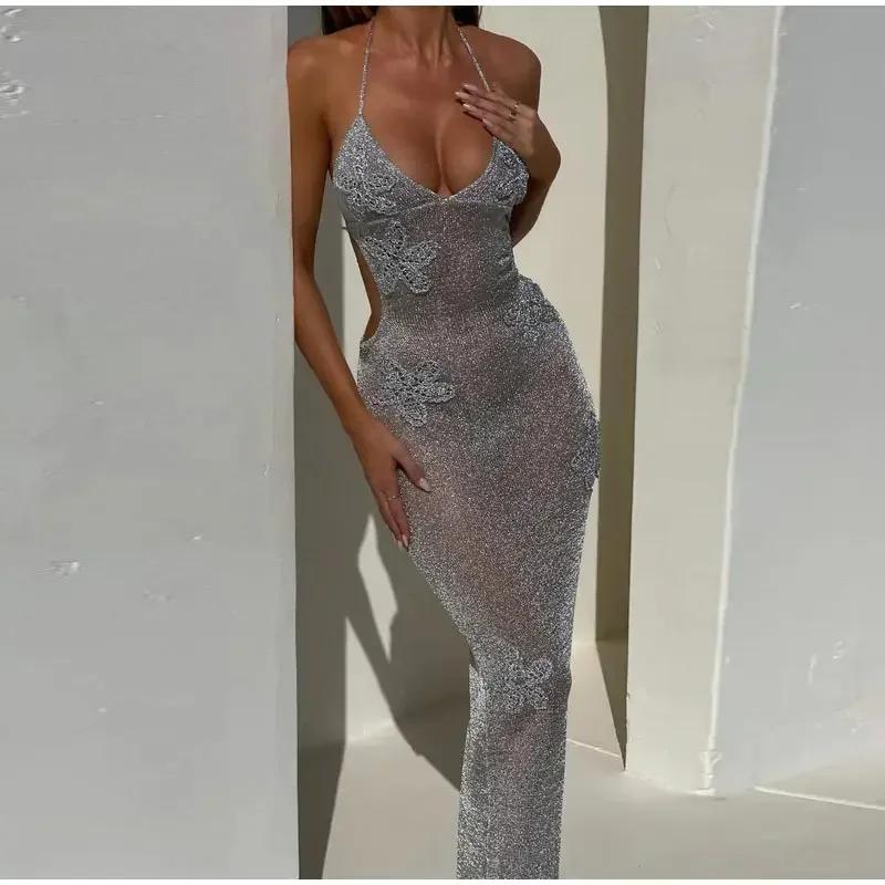 Flash Yarn Hook Flower Patch Dress Sexy Pure Desire Slim Halter Backless Sleeveless See Through Party Dresses Summer Lady Robes