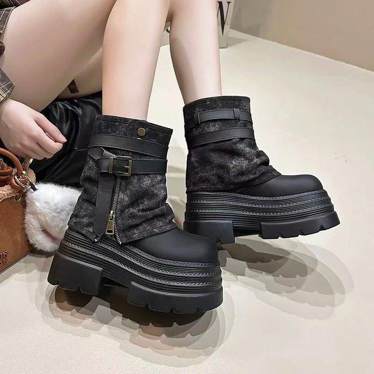 Cm Thick-soled Denim Stacked Short Boots Autumn New Small Man Heightening Martin Boots Pant Tube Boots Women