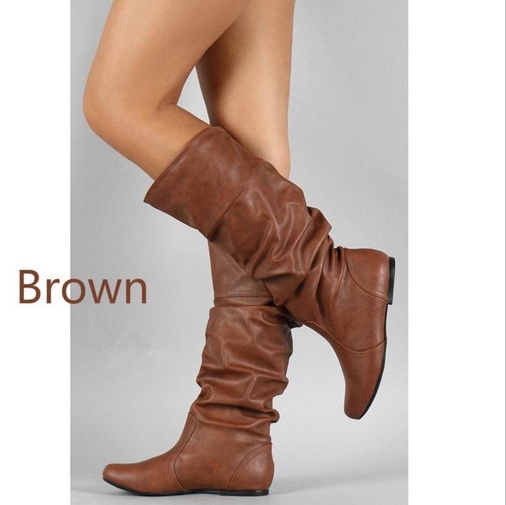 Plus Size 2020 Women's Long Leather Boots - Solid Color, Pleated, High-top, European Style