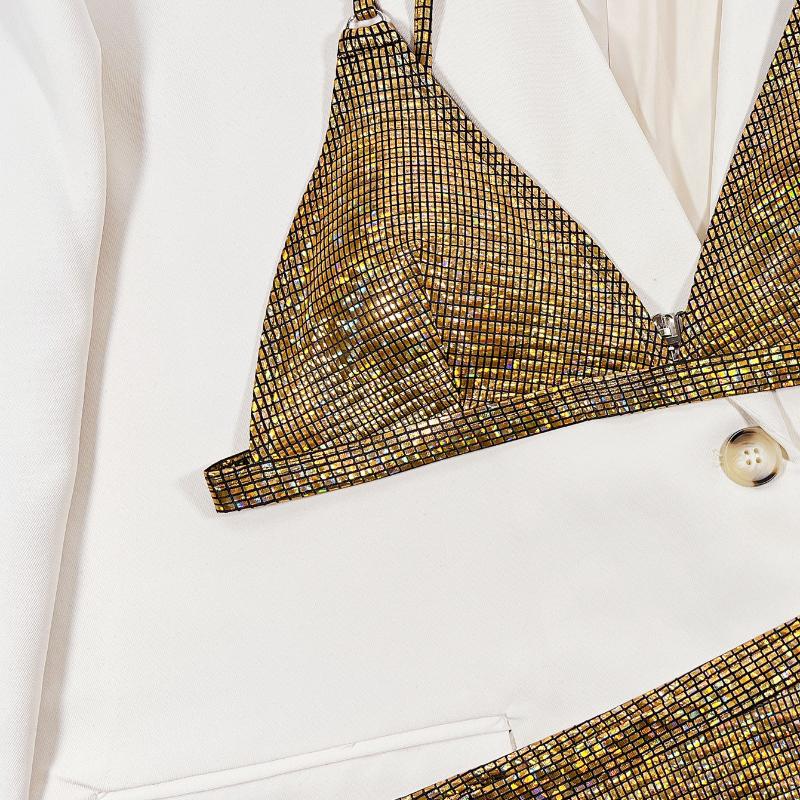 Sexy Women's Swimsuit Gold Shiny Triangle Bag Buckle Bikini Set Beachwear Bathing Suits