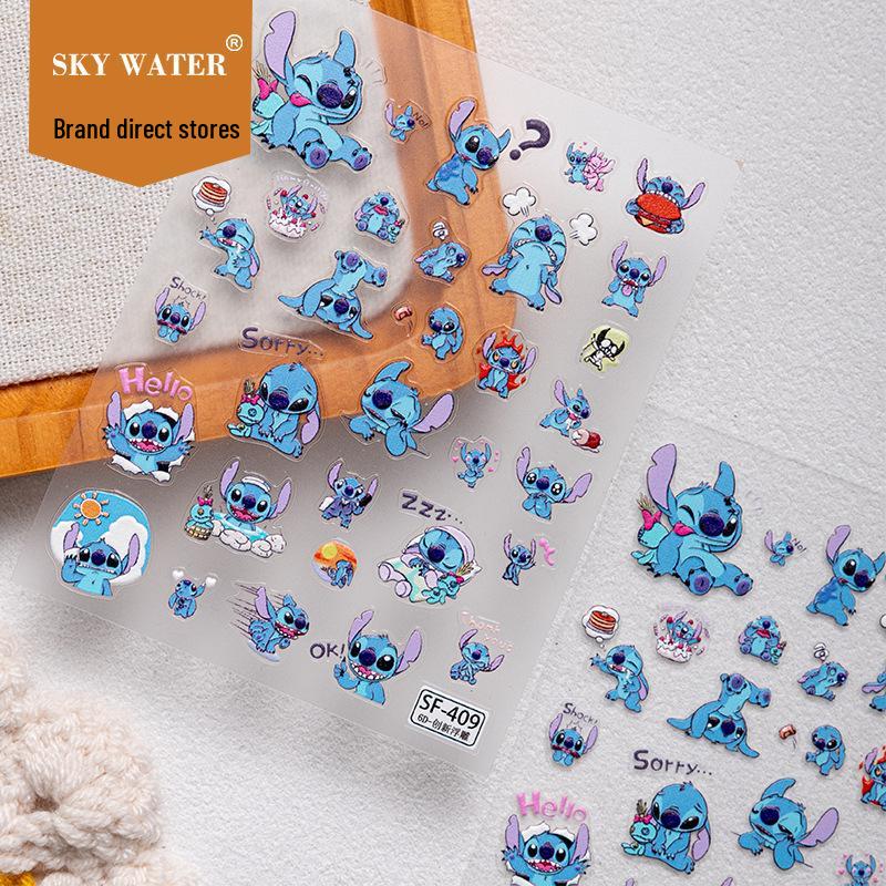 Sky Star 3D Prägung Baby Stitch Cartoon Nagelaufkleber - Niedliches Blaues Kamera Design, 5D Effekt