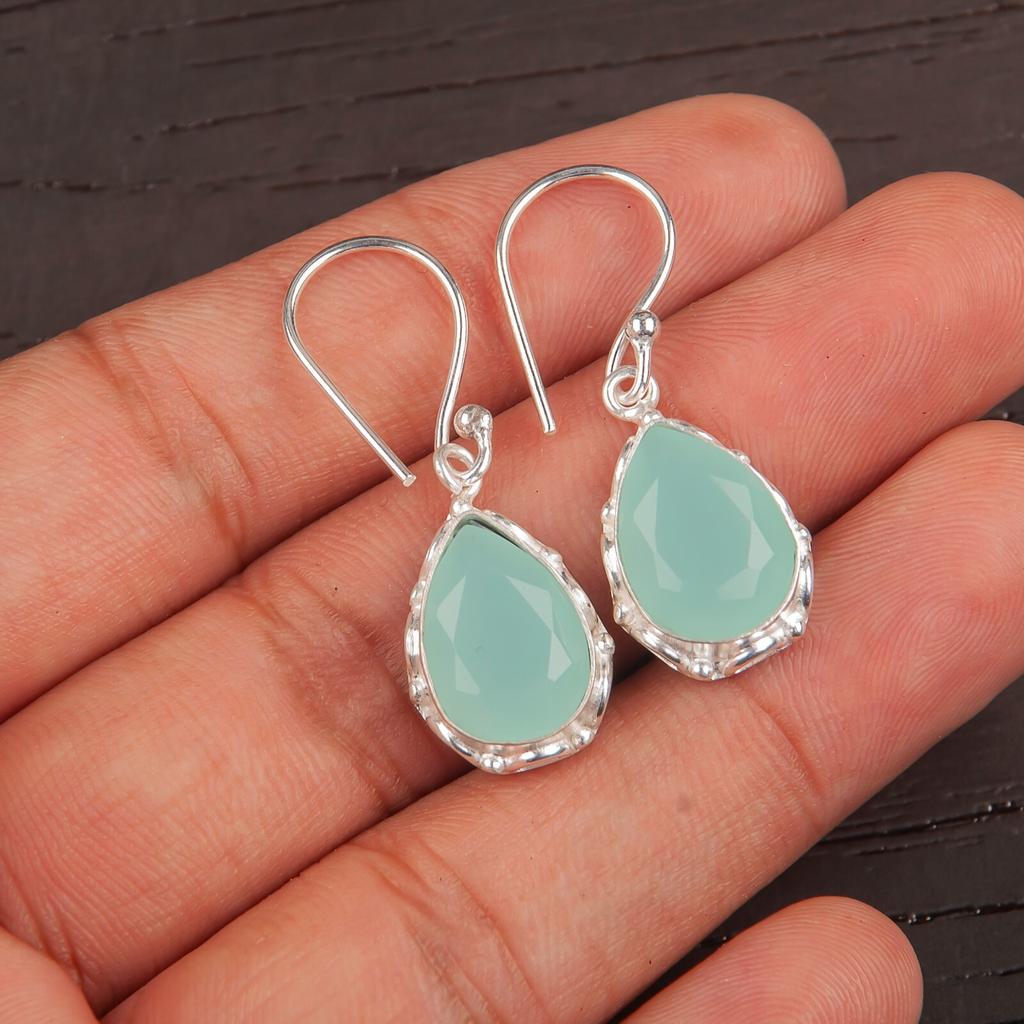 Aqua Chalcedony Gemstone 925 Stamped Silver Jewelry Handmade Hook Earrings 1.30" EE-3-16